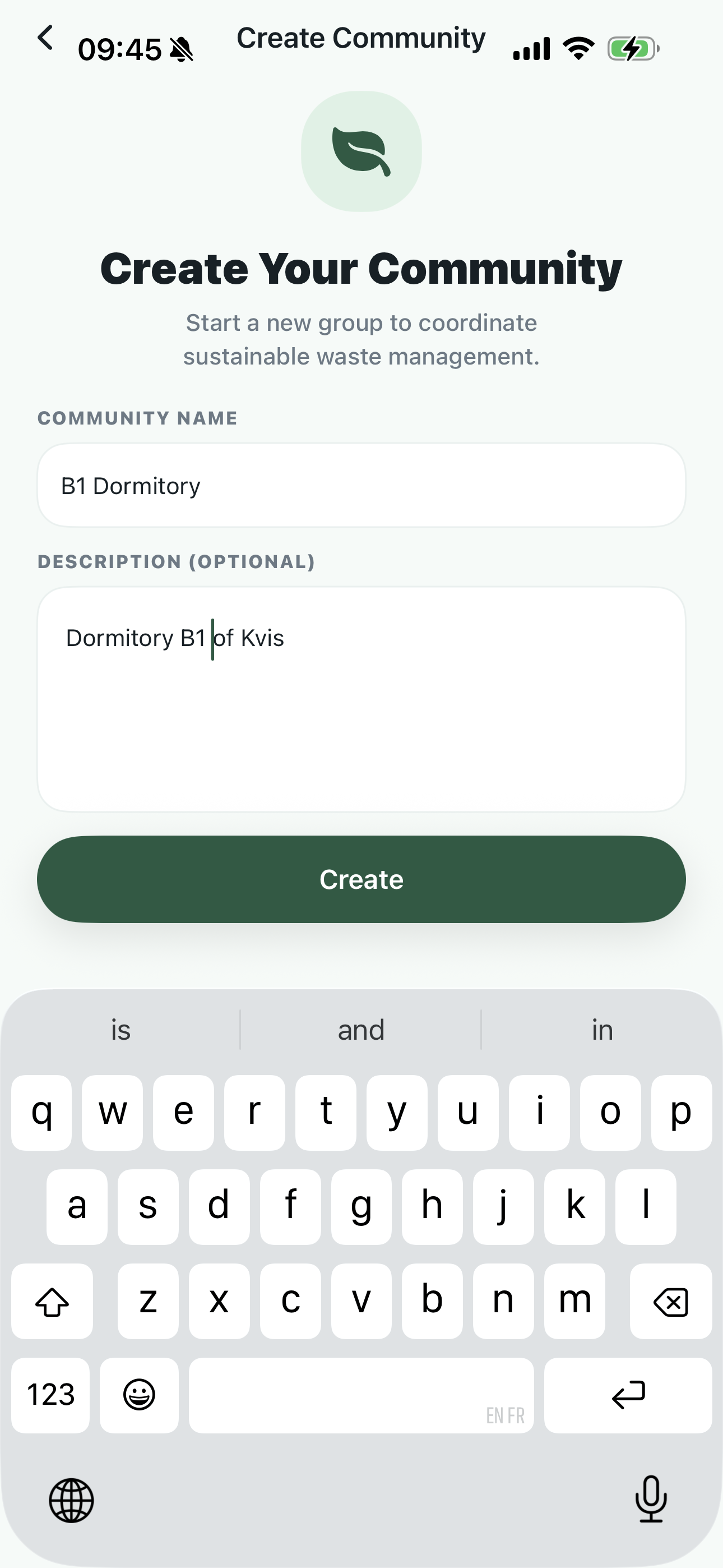 Create community screen in WasteWise_KVIS