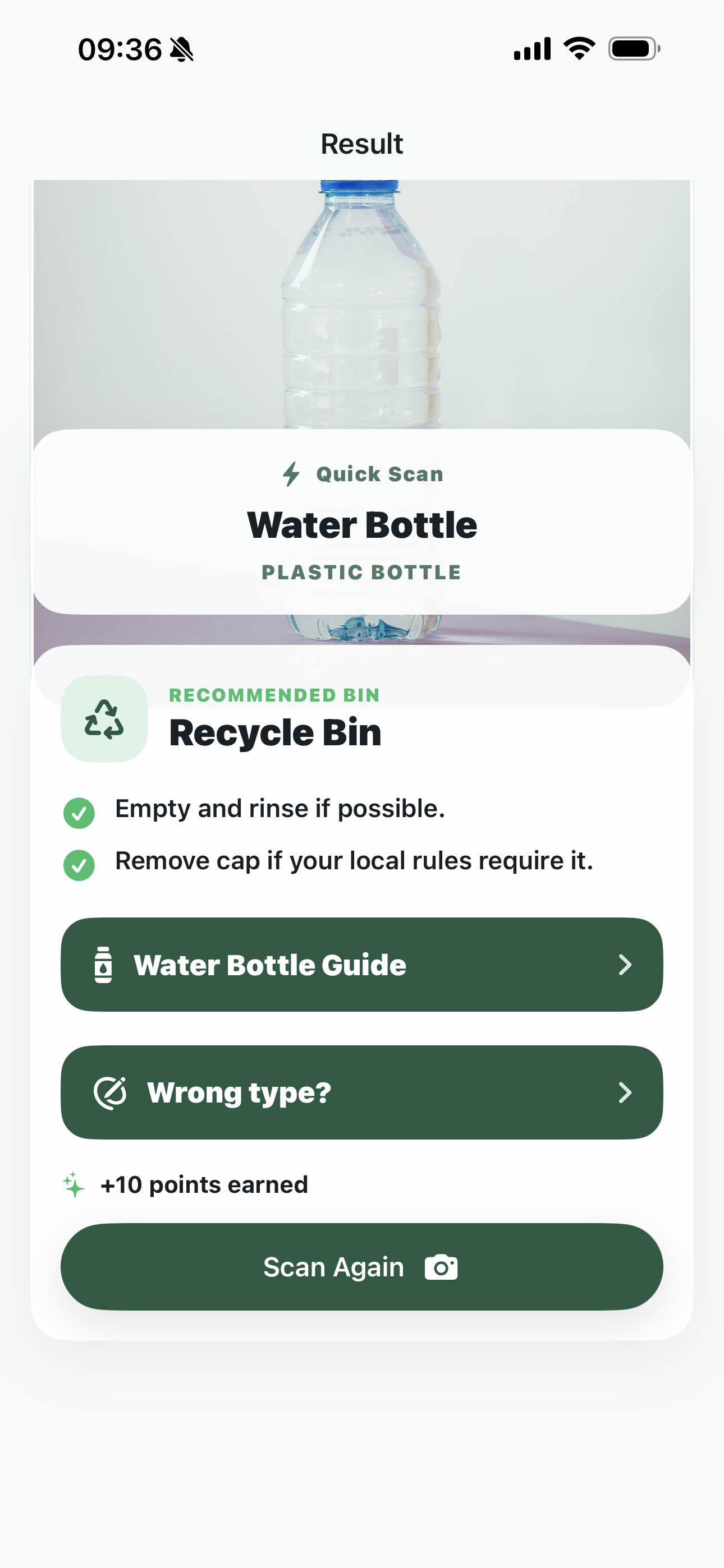 WasteWise_KVIS scan result showing a water bottle and recommended recycle bin